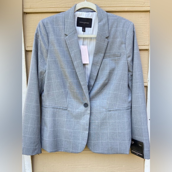 NWT- BANANA REPUBLIC GRAY PLAID CLASSIC FIT BUTTON FRONT BLAZER JACKET - Picture 2 of 10